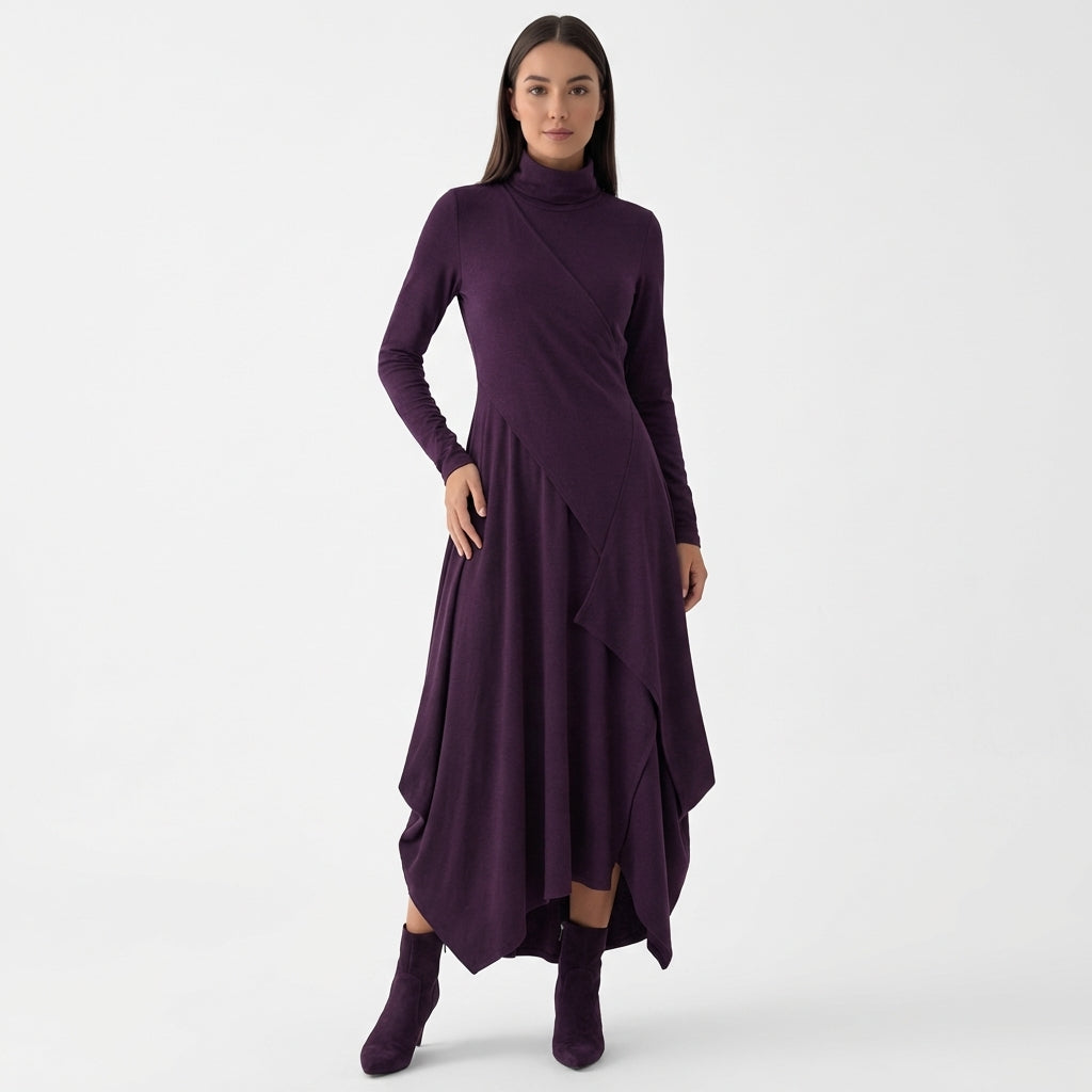 Femme Robe Maxi à Col Montant à Manches Longues | Design Asymétrique