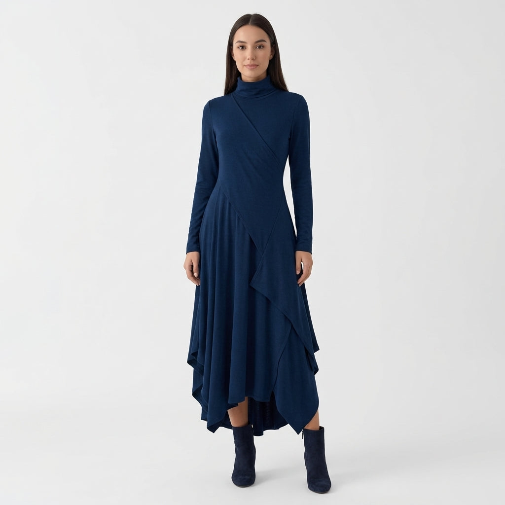 Femme Robe Maxi à Col Montant à Manches Longues | Design Asymétrique