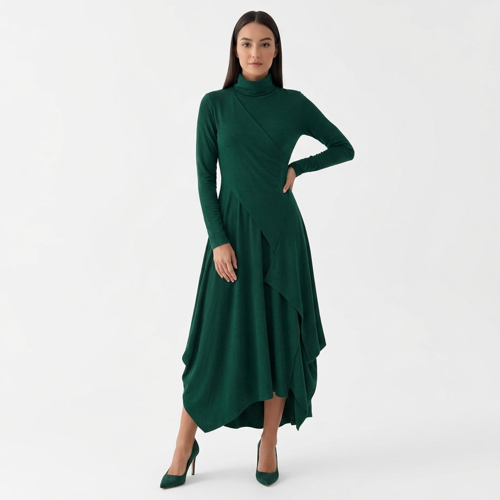 Femme Robe Maxi à Col Montant à Manches Longues | Design Asymétrique