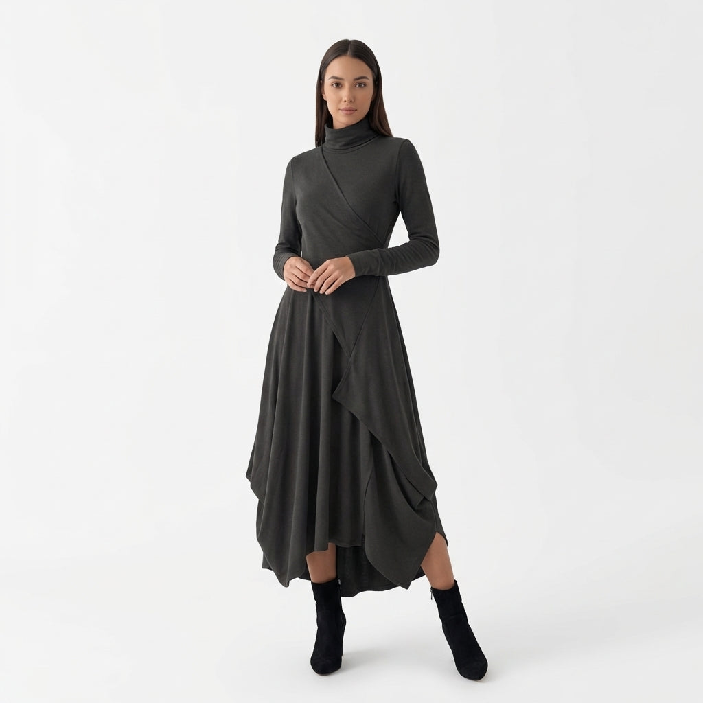 Femme Robe Maxi à Col Montant à Manches Longues | Design Asymétrique