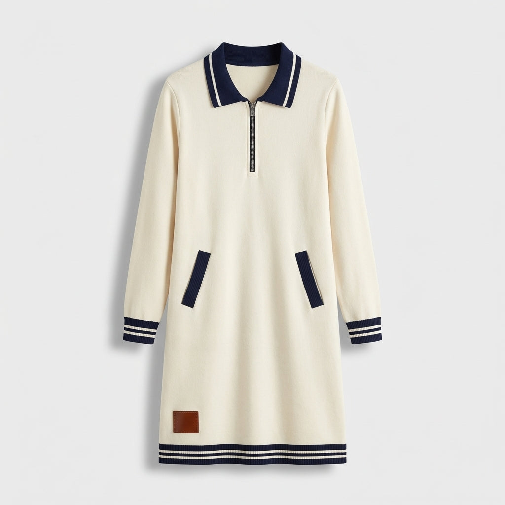 Femme Robe Mini Polo à Col Zippé à Manches Longues | Style Décontracté