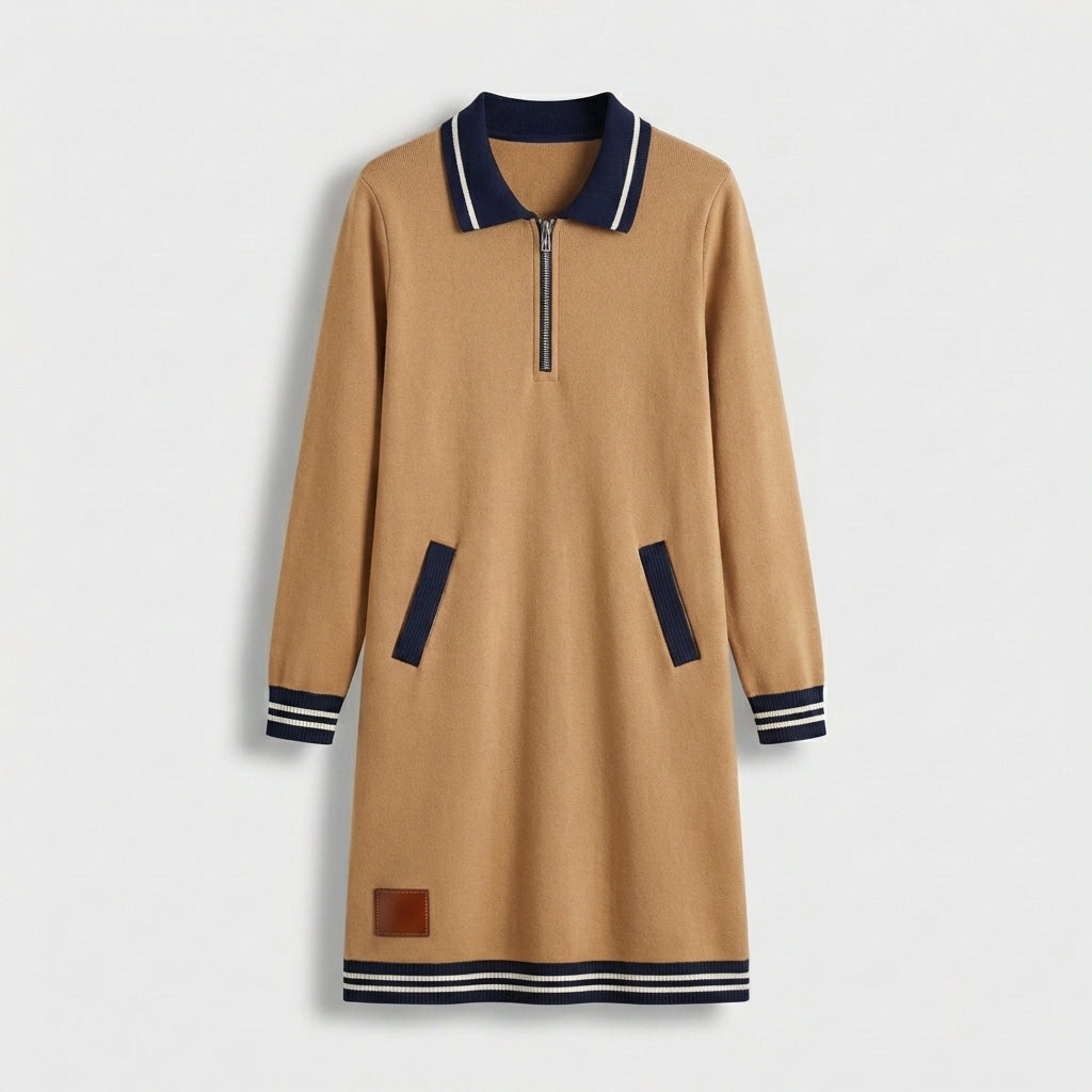 Femme Robe Mini Polo à Col Zippé à Manches Longues | Style Décontracté