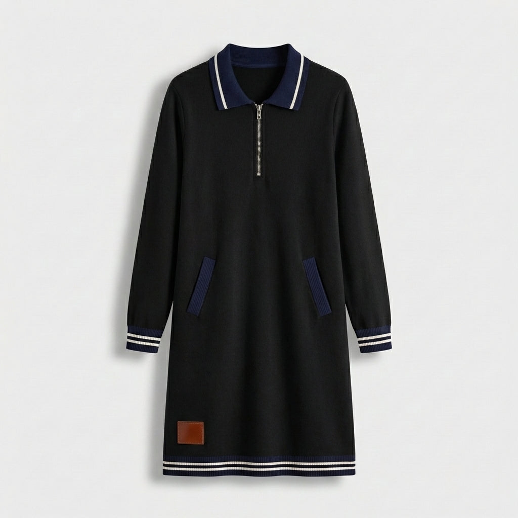 Femme Robe Mini Polo à Col Zippé à Manches Longues | Style Décontracté