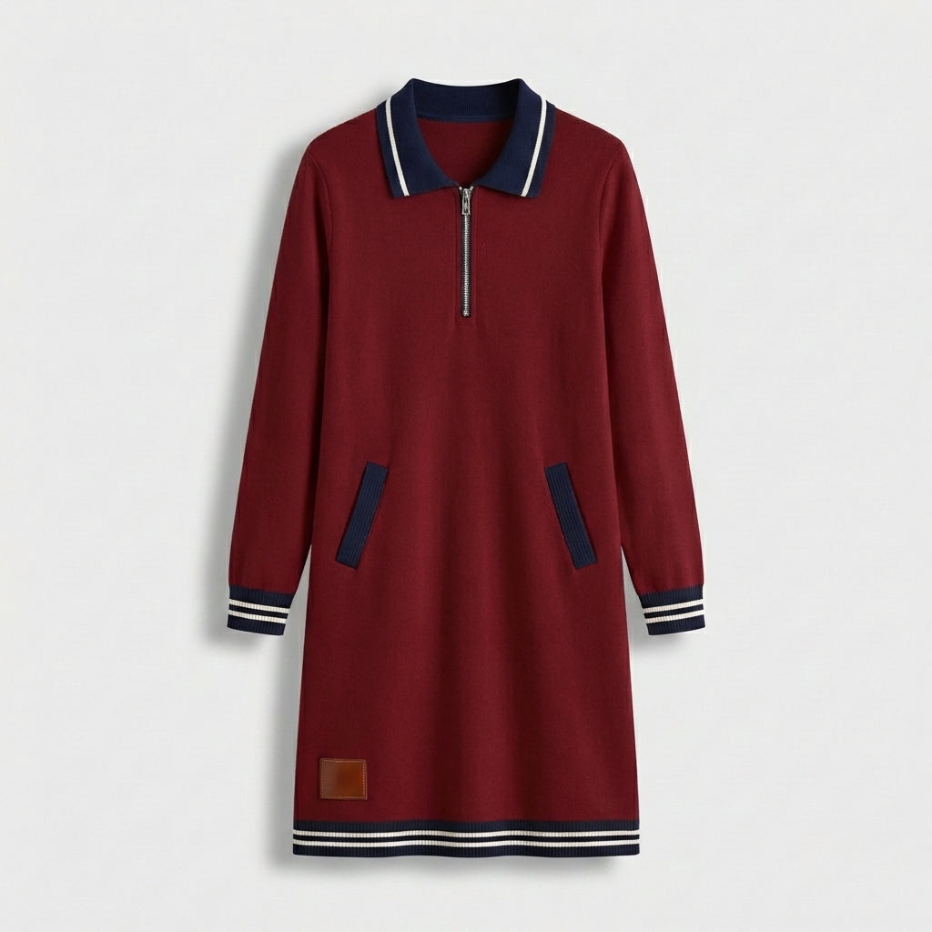 Femme Robe Mini Polo à Col Zippé à Manches Longues | Style Décontracté