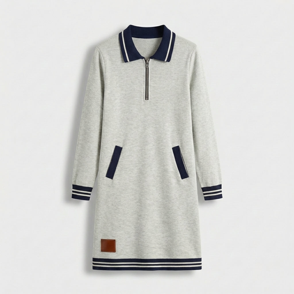 Femme Robe Mini Polo à Col Zippé à Manches Longues | Style Décontracté