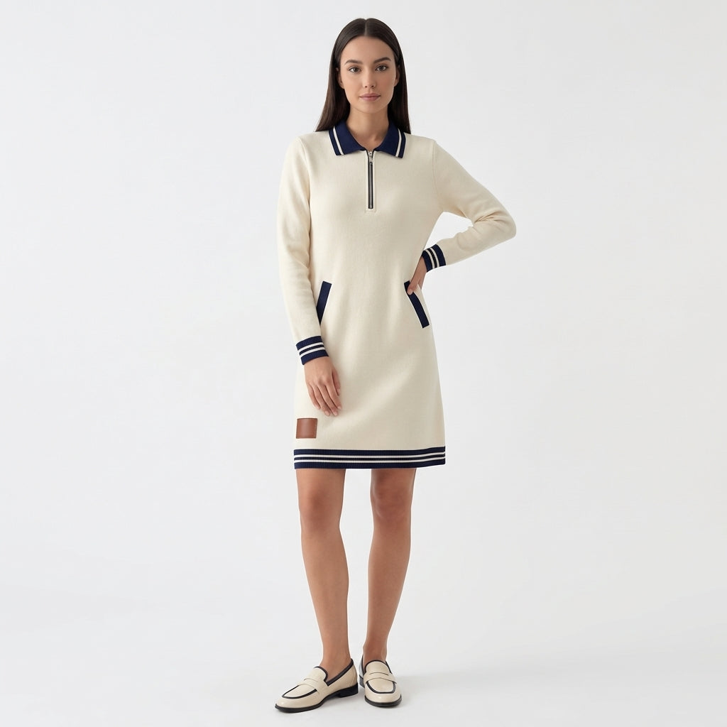 Femme Robe Mini Polo à Col Zippé à Manches Longues | Style Décontracté