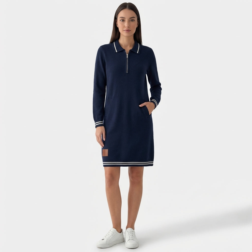 Femme Robe Mini Polo à Col Zippé à Manches Longues | Style Décontracté