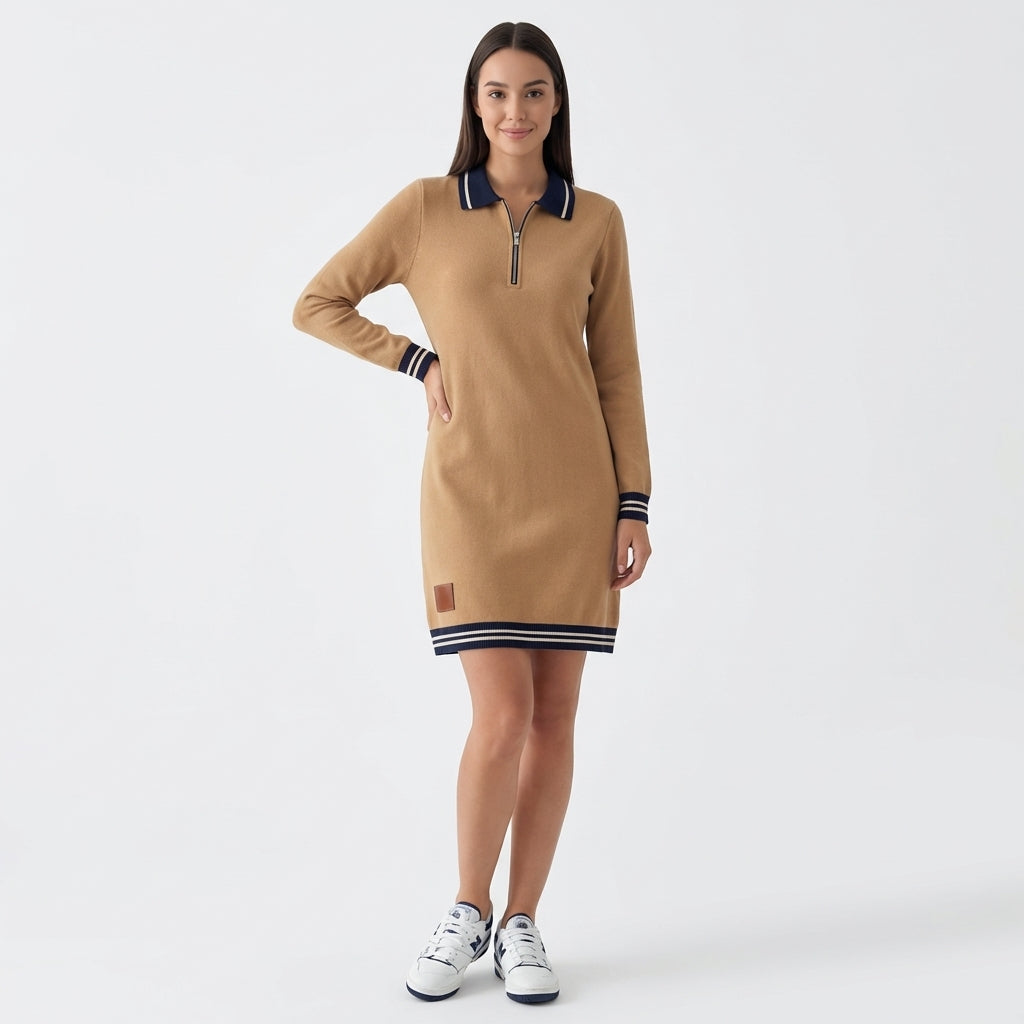 Femme Robe Mini Polo à Col Zippé à Manches Longues | Style Décontracté