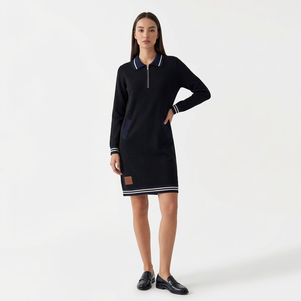 Femme Robe Mini Polo à Col Zippé à Manches Longues | Style Décontracté