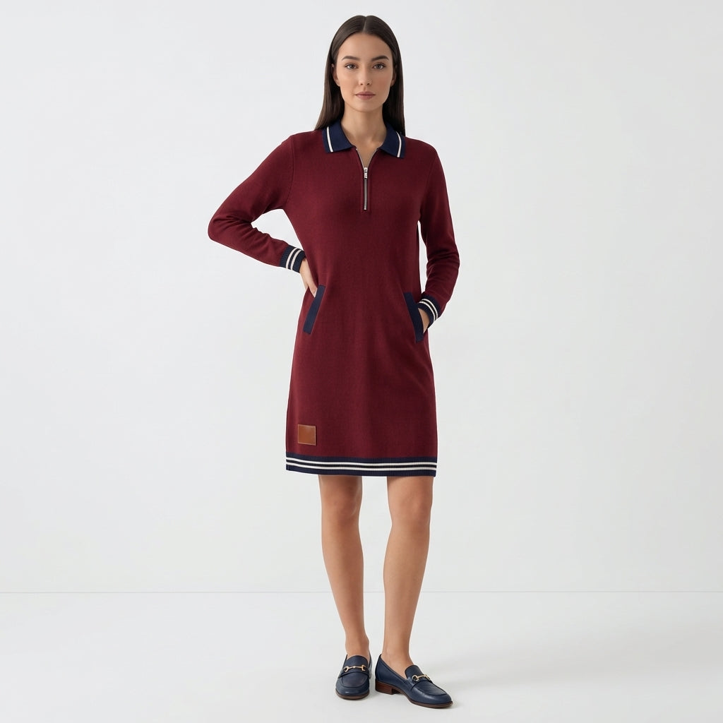 Femme Robe Mini Polo à Col Zippé à Manches Longues | Style Décontracté