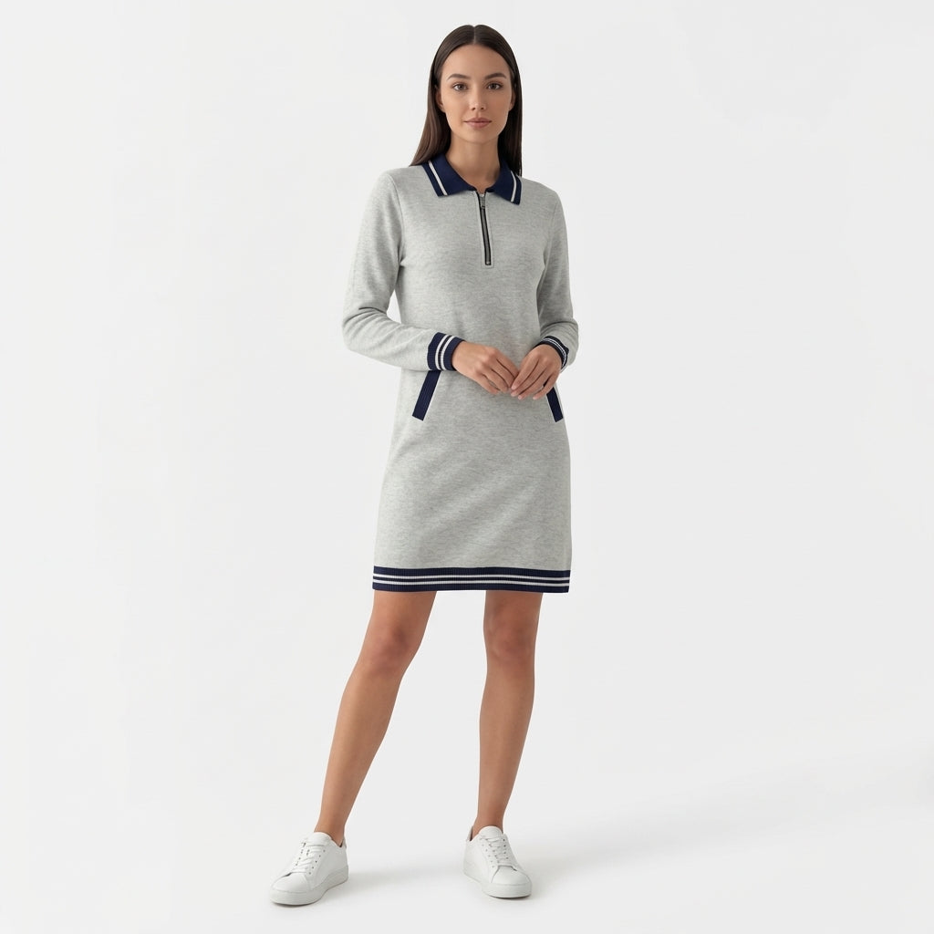 Femme Robe Mini Polo à Col Zippé à Manches Longues | Style Décontracté