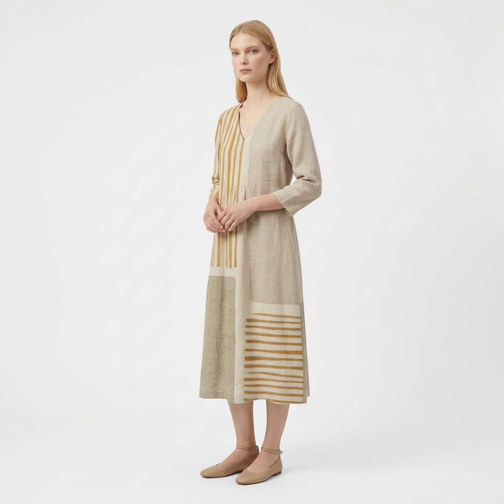 Femme Robe Maxi Rayée à Col V à Manches Longues | Style Décontracté