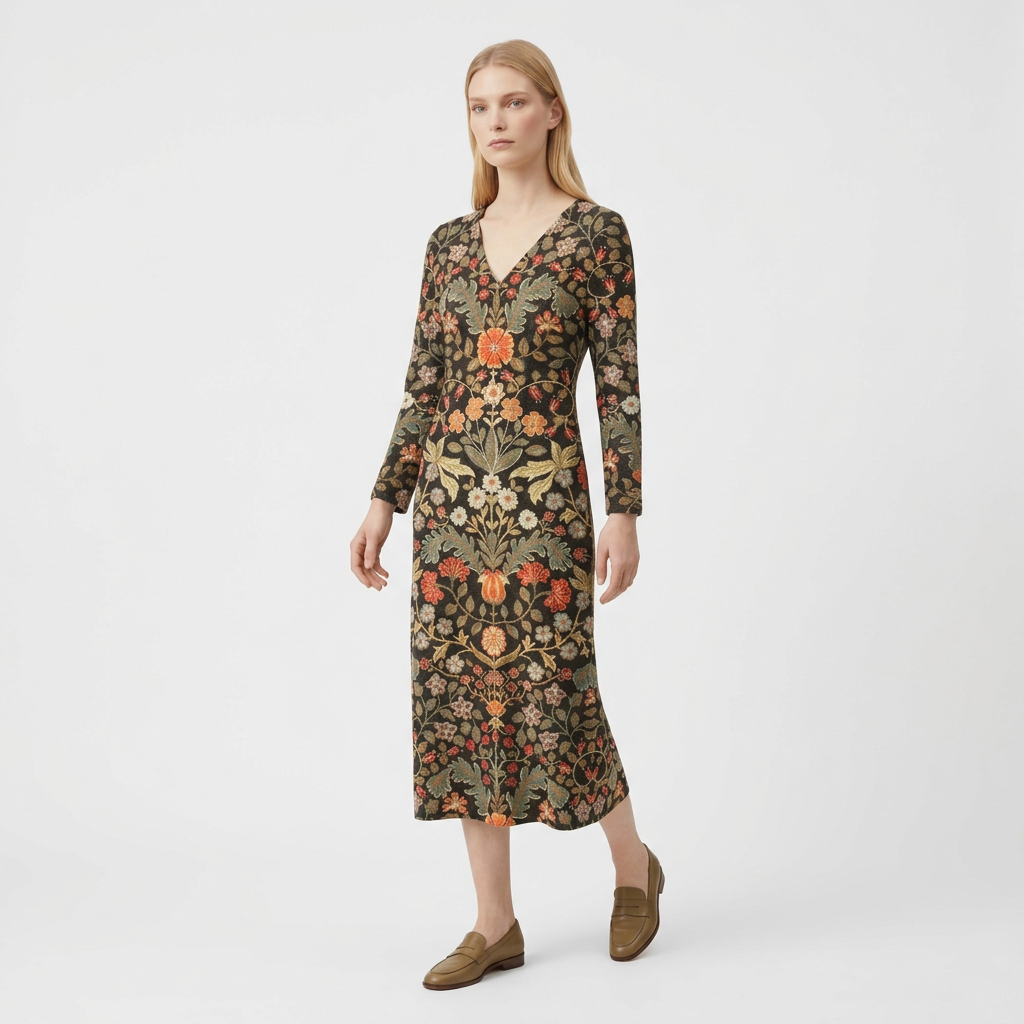 Femme Robe Maxi Rayée à Col V à Manches Longues | Style Décontracté