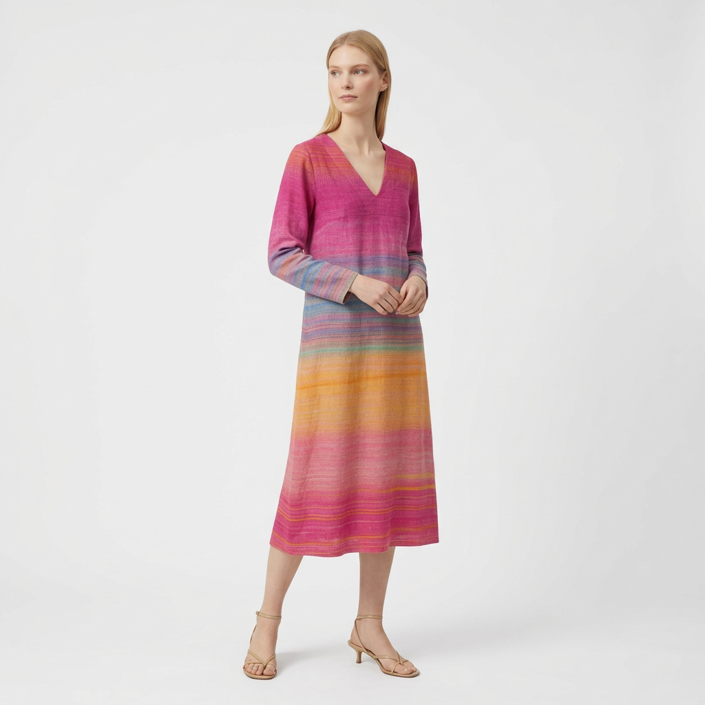 Femme Robe Maxi Rayée à Col V à Manches Longues | Style Décontracté