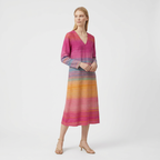 Femme Robe Maxi Rayée à Col V à Manches Longues | Style Décontracté