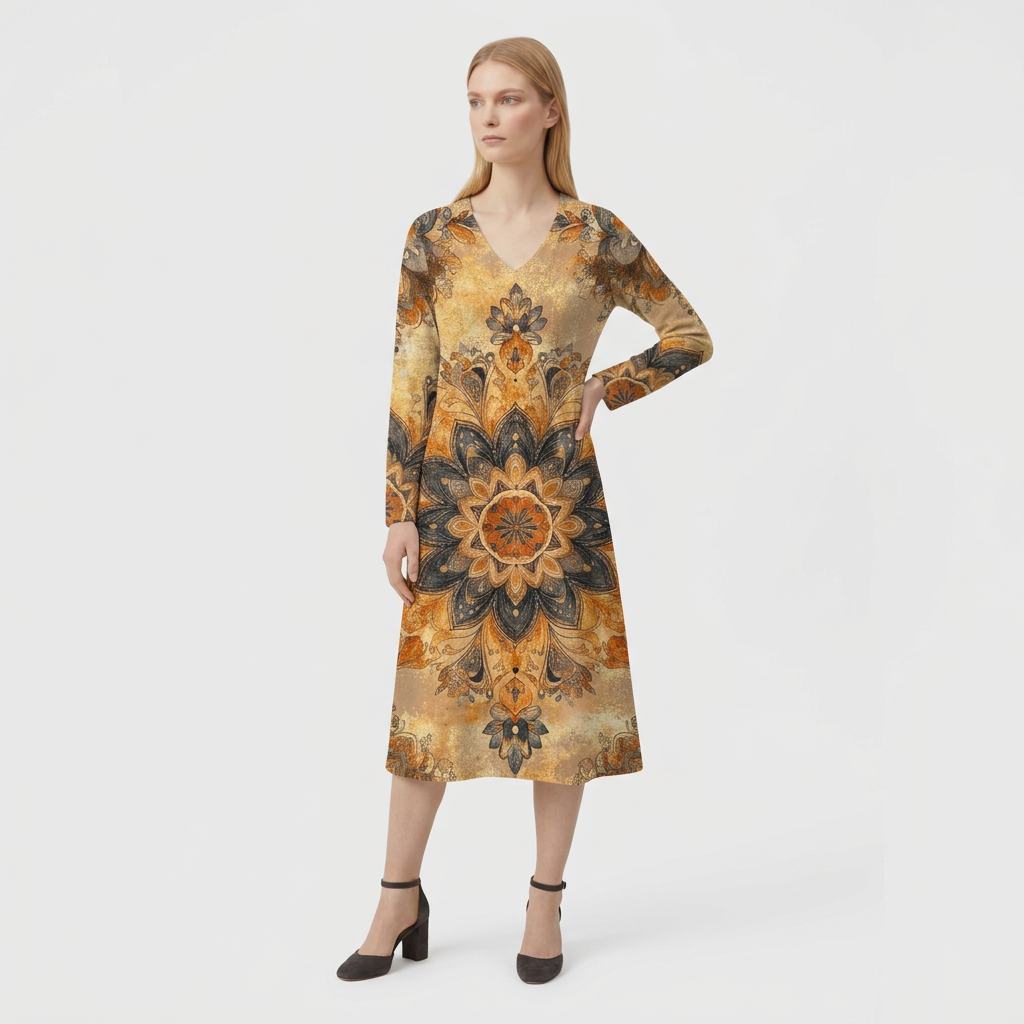 Femme Robe Maxi Rayée à Col V à Manches Longues | Style Décontracté