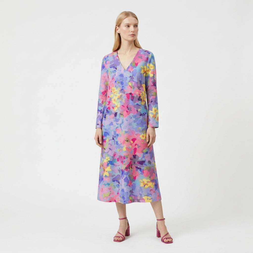 Femme Robe Maxi Rayée à Col V à Manches Longues | Style Décontracté