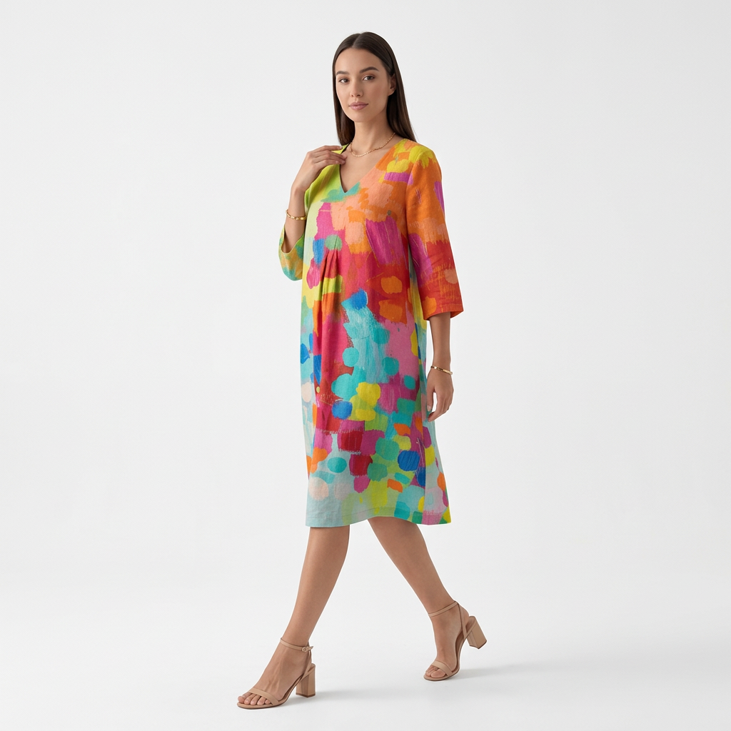 Femme Robe Maxi Imprimé Abstrait à Col V à Manches 3/4 | Style Décontracté