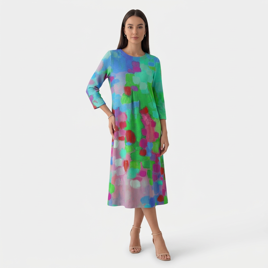 Femme Robe Maxi Imprimé Abstrait à Col V à Manches 3/4 | Style Décontracté