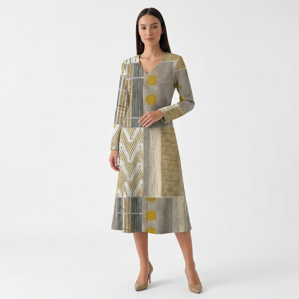 Femme Robe Maxi Imprimé Géométrique à Col V à Manches Longues | Style Décontracté