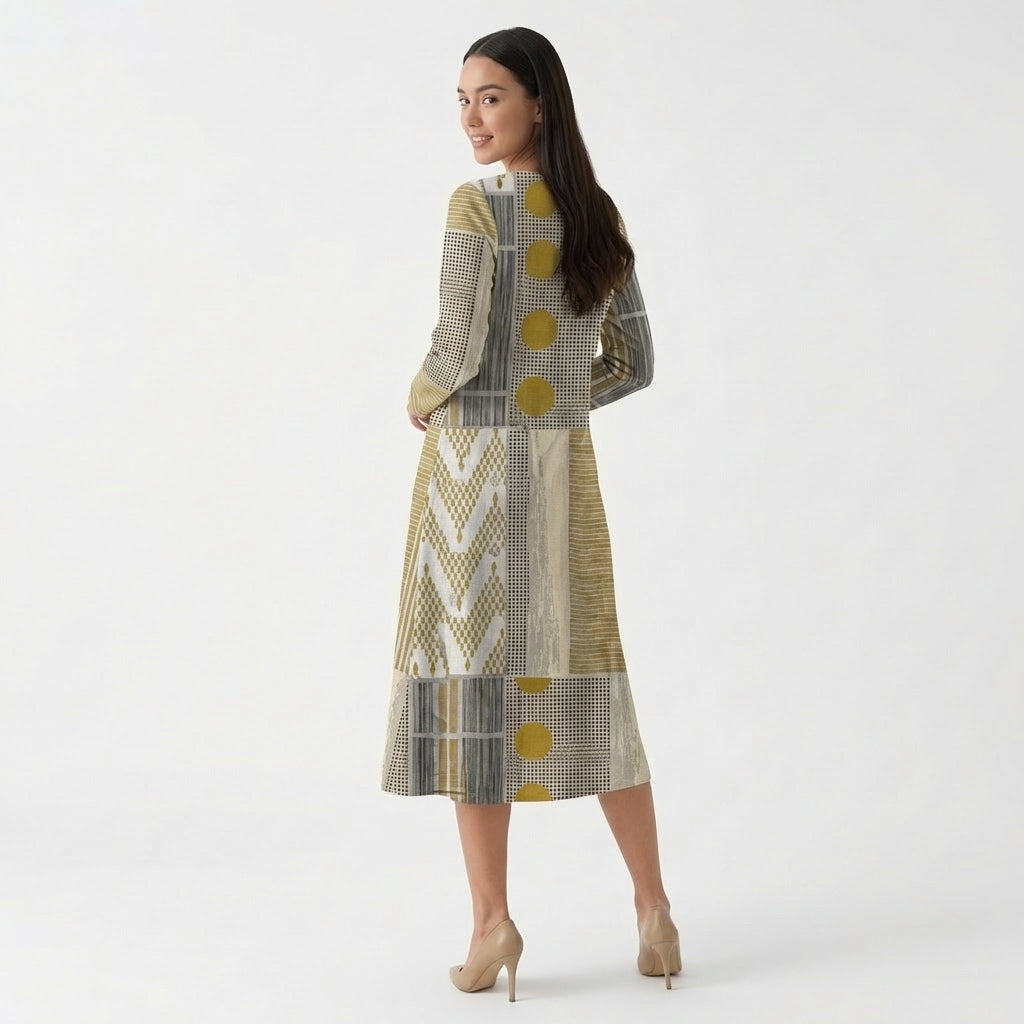 Femme Robe Maxi Imprimé Géométrique à Col V à Manches Longues | Style Décontracté