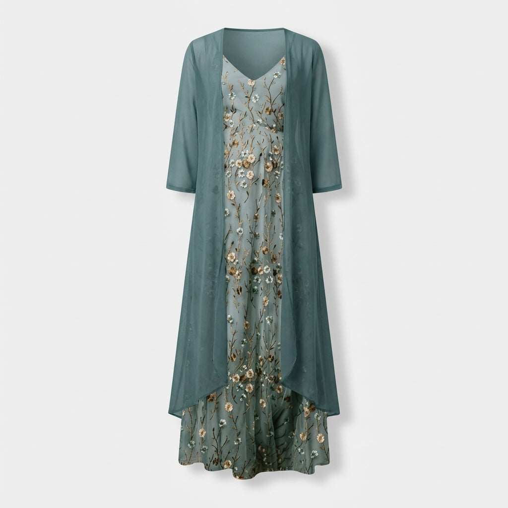 Femme Robe Maxi Florale Sans Manches à Col V avec Long Cardigan | Style Bohème
