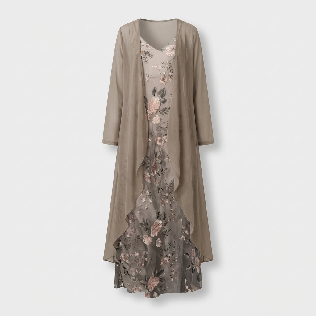 Femme Robe Maxi Florale Sans Manches à Col V avec Long Cardigan | Style Bohème