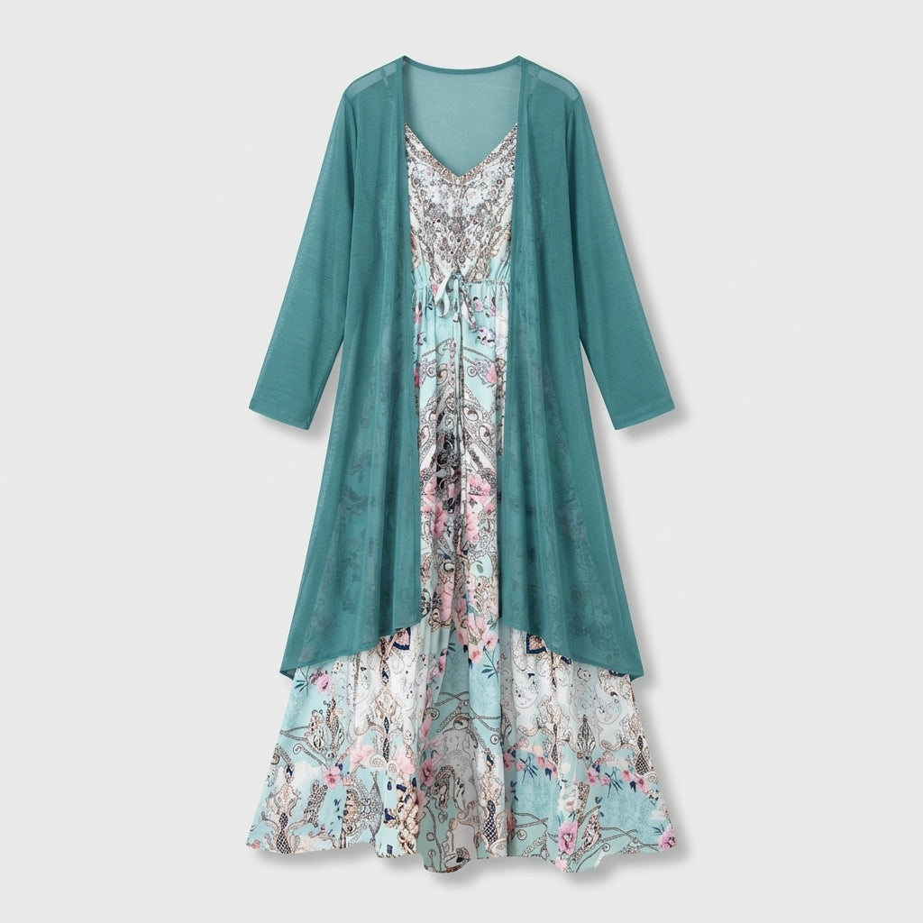 Femme Robe Maxi Florale Sans Manches à Col V avec Long Cardigan | Style Bohème