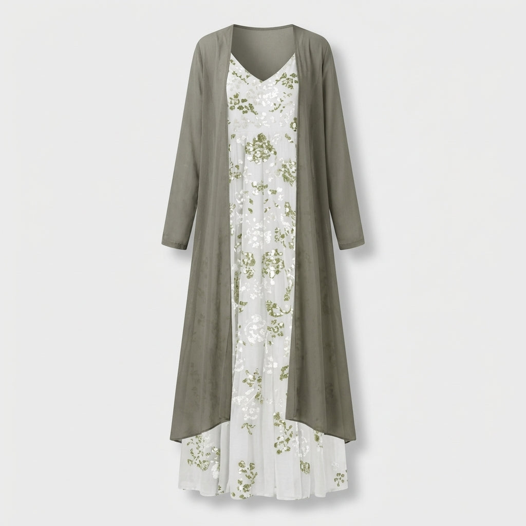 Femme Robe Maxi Florale Sans Manches à Col V avec Long Cardigan | Style Bohème