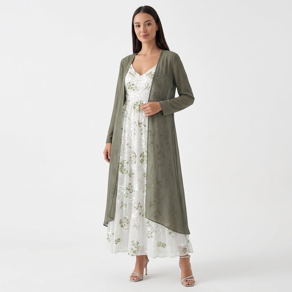 Femme Robe Maxi Florale Sans Manches à Col V avec Long Cardigan | Style Bohème