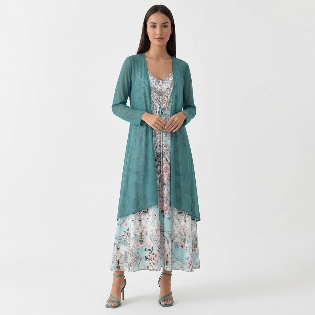 Femme Robe Maxi Florale Sans Manches à Col V avec Long Cardigan | Style Bohème