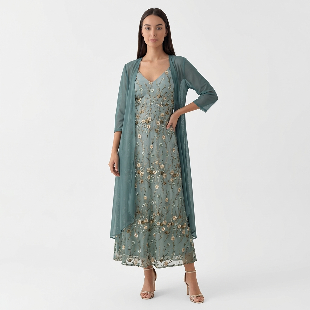 Femme Robe Maxi Florale Sans Manches à Col V avec Long Cardigan | Style Bohème