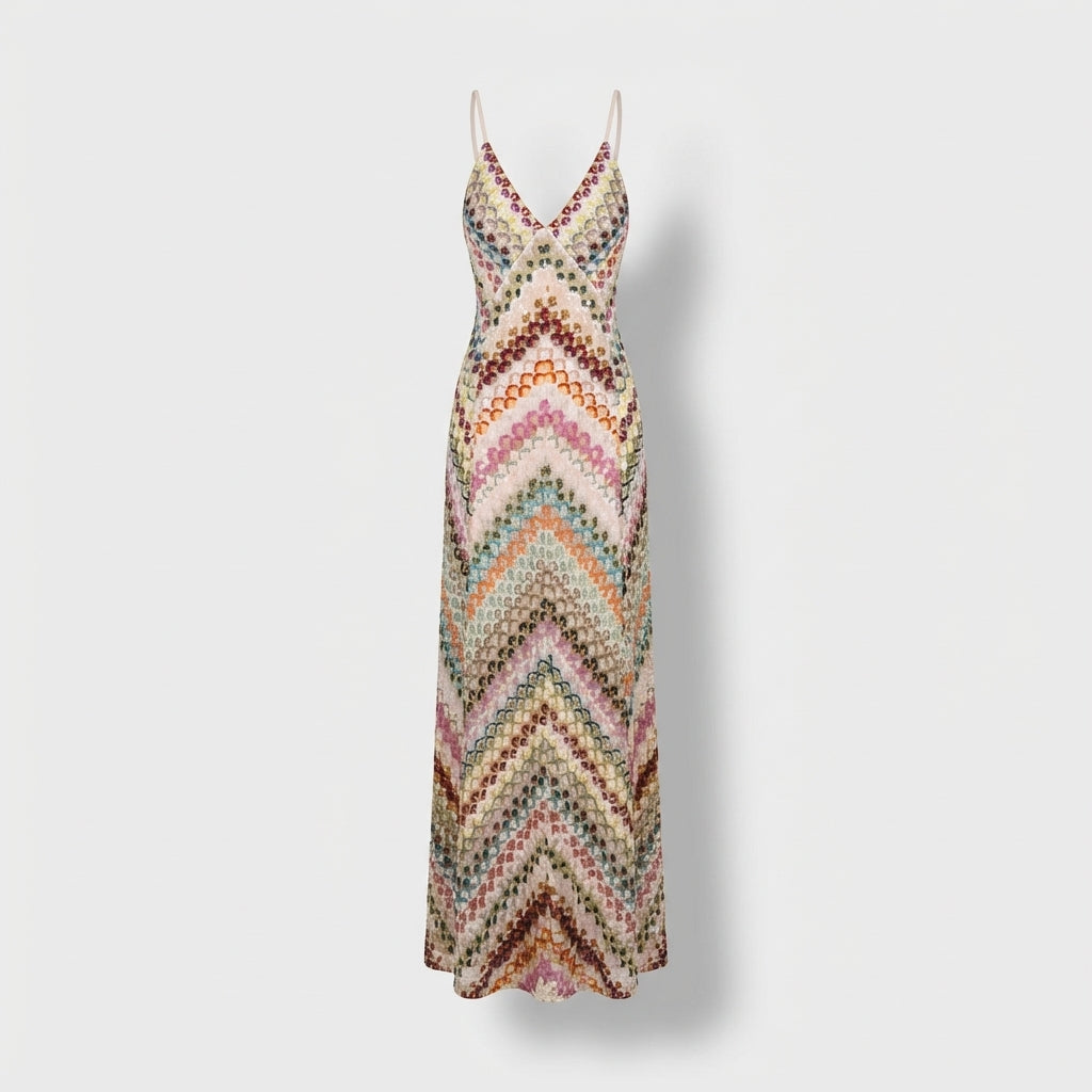 Femme Robe Maxi Imprimé Chevron à Col Halter | Style Vacances