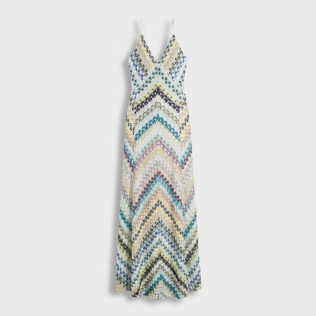 Femme Robe Maxi Imprimé Chevron à Col Halter | Style Vacances