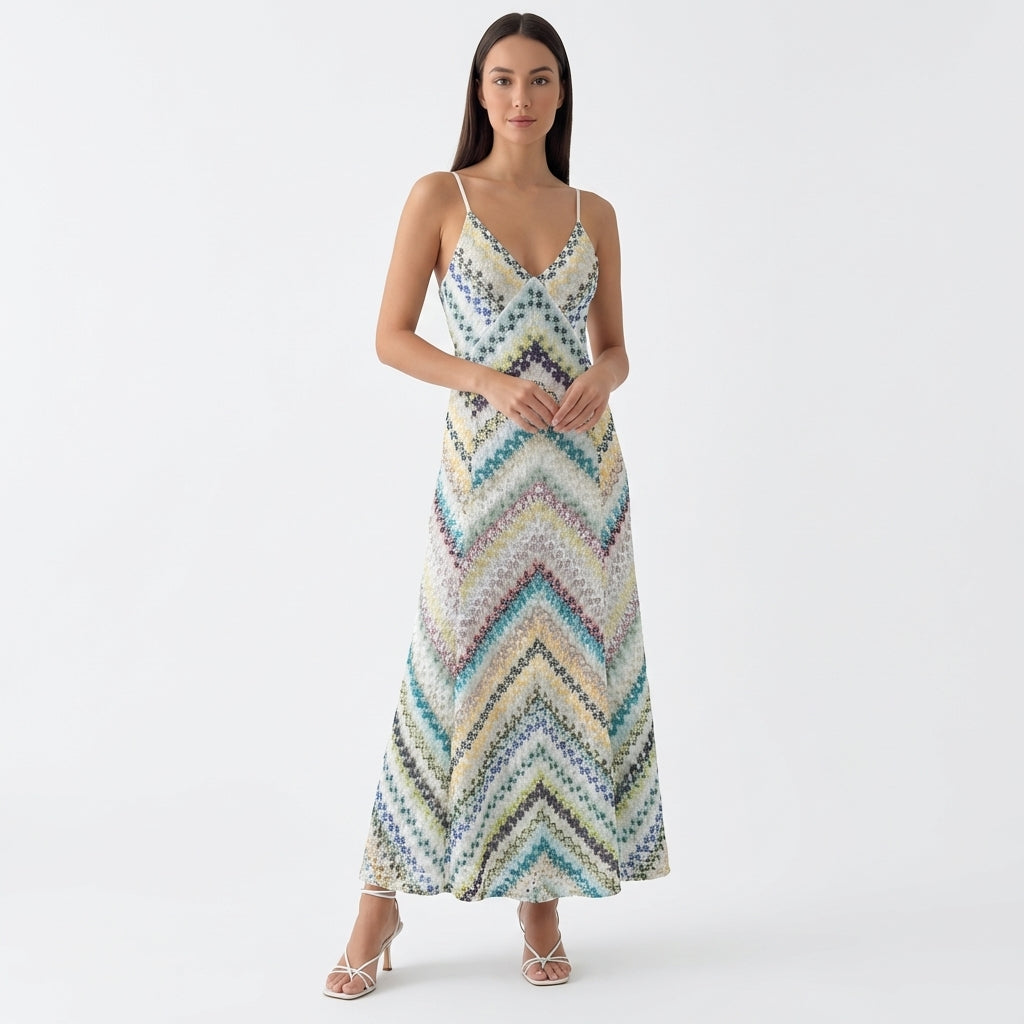 Femme Robe Maxi Imprimé Chevron à Col Halter | Style Vacances