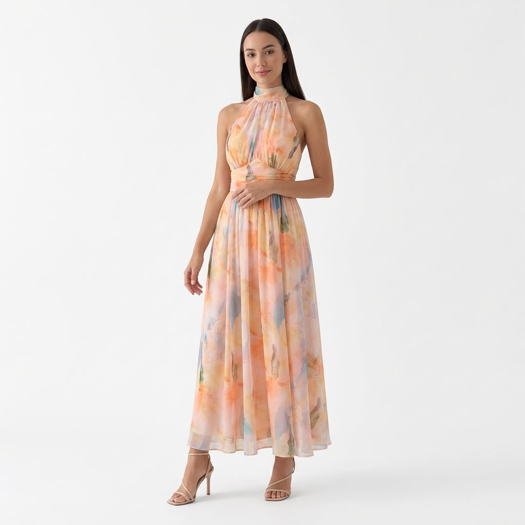 Femme Robe Maxi Fluide à Col Halter | Style Soirée