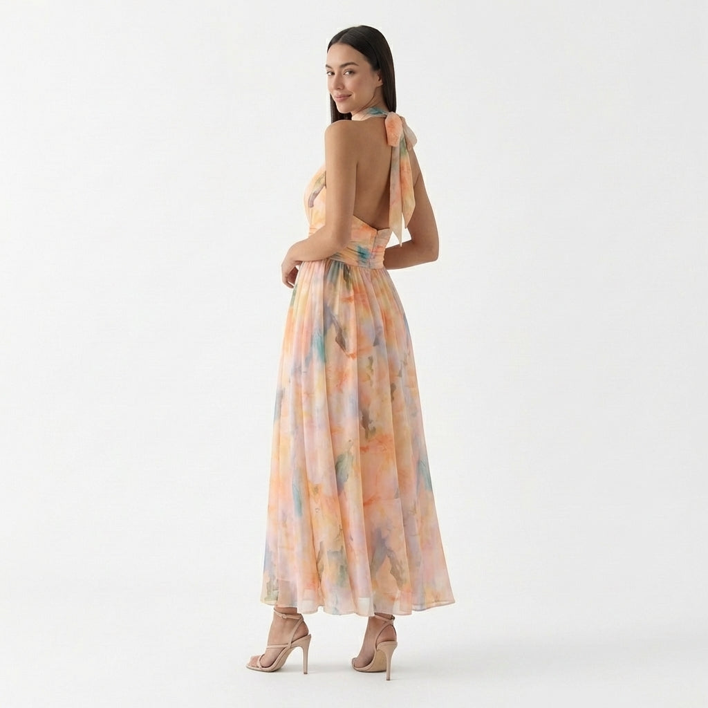 Femme Robe Maxi Fluide à Col Halter | Style Soirée
