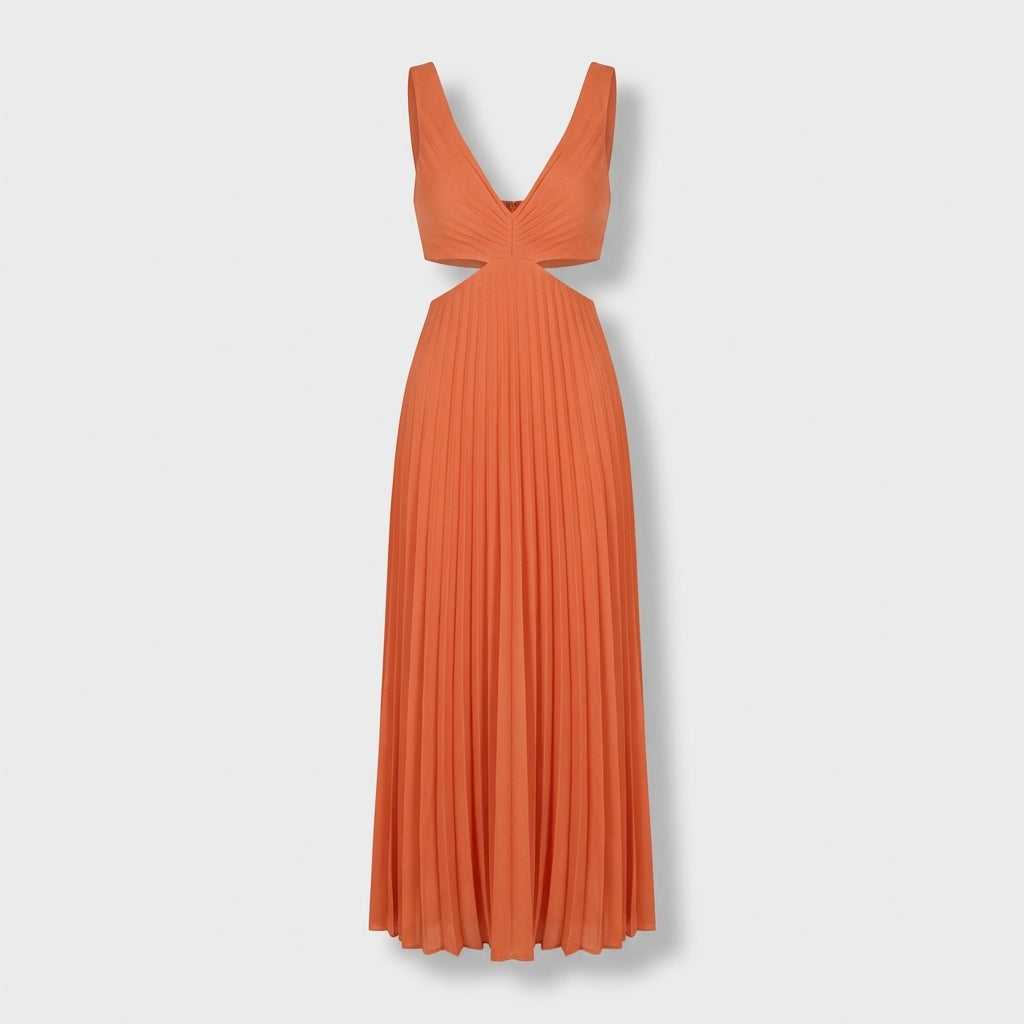 Femme Robe Maxi Plissée à Col V Sans Manches | Style Fête