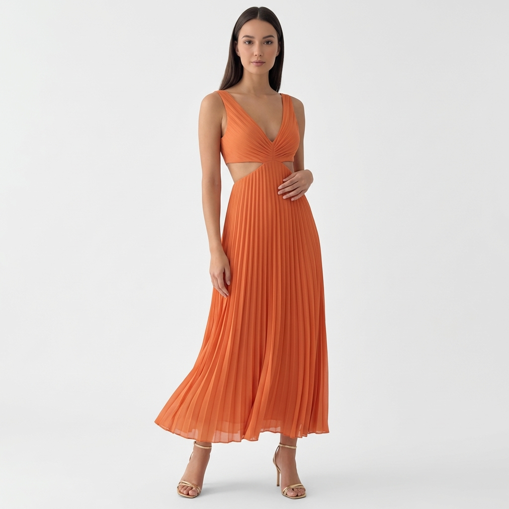 Femme Robe Maxi Plissée à Col V Sans Manches | Style Fête