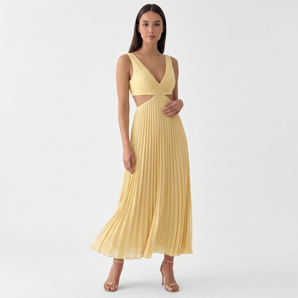 Femme Robe Maxi Plissée à Col V Sans Manches | Style Fête