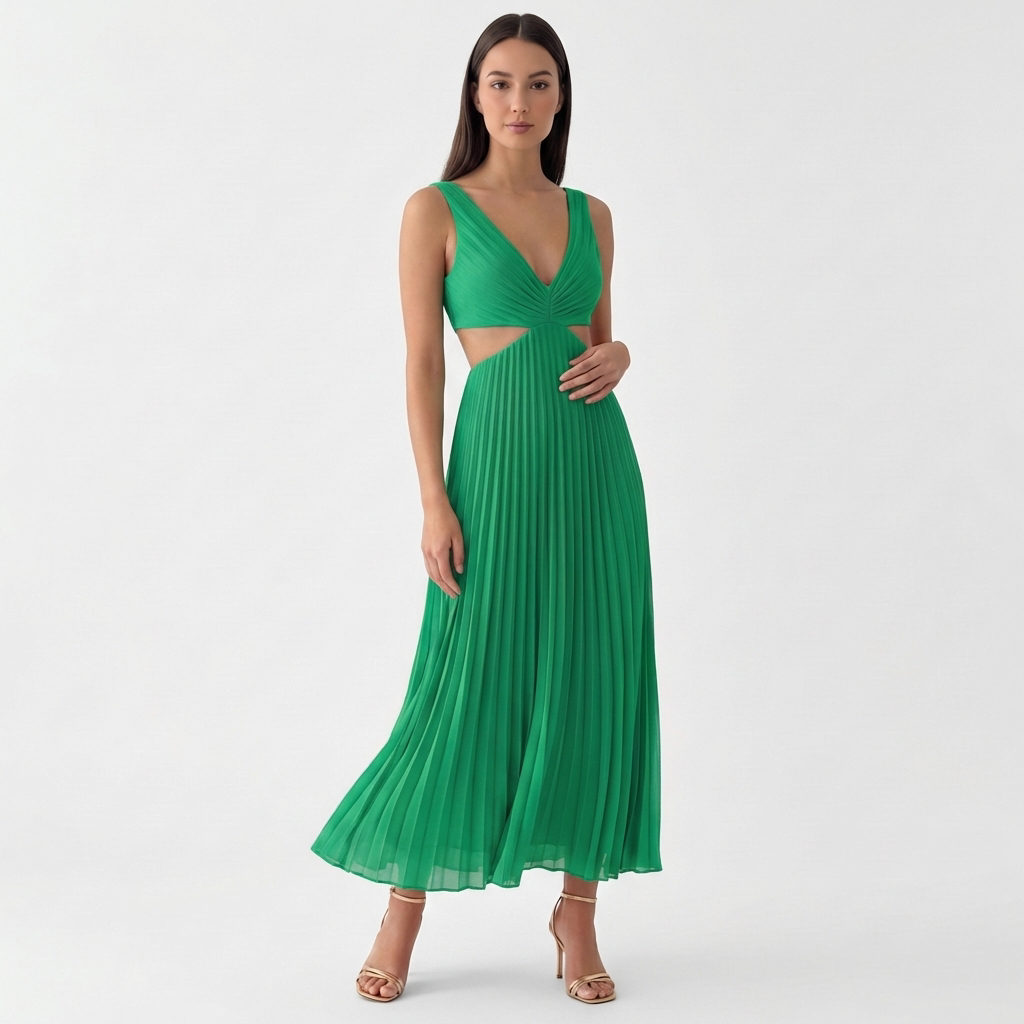 Femme Robe Maxi Plissée à Col V Sans Manches | Style Fête