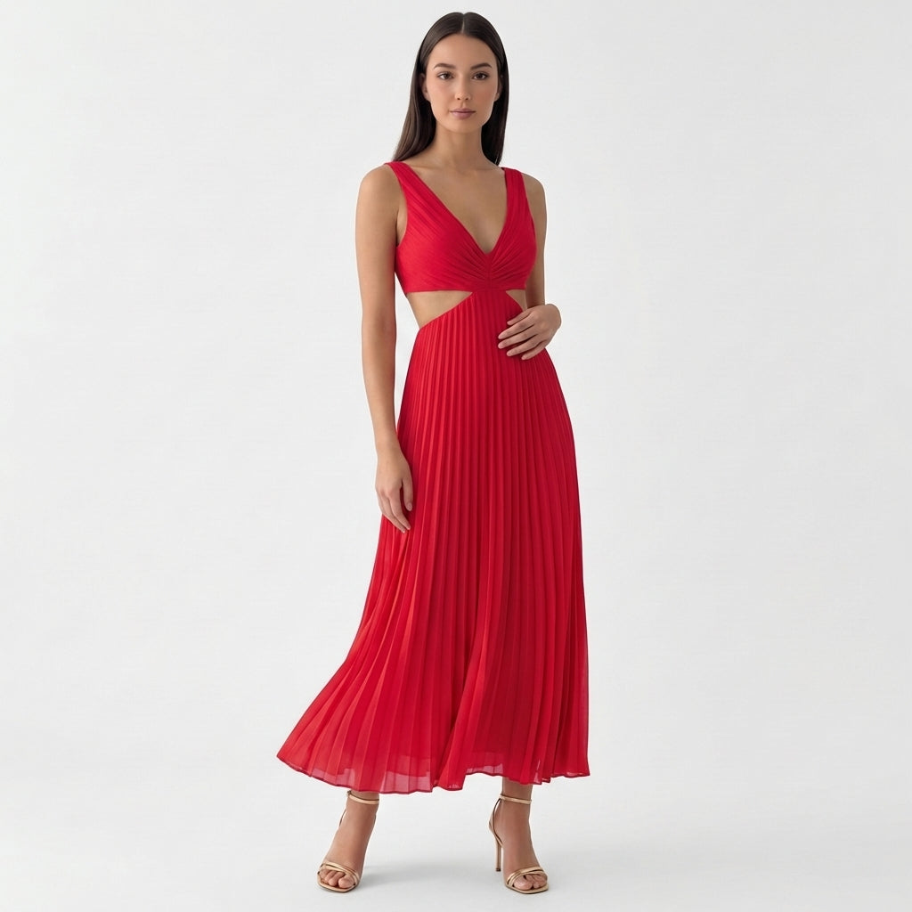 Femme Robe Maxi Plissée à Col V Sans Manches | Style Fête