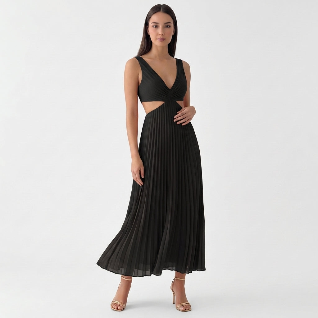 Femme Robe Maxi Plissée à Col V Sans Manches | Style Fête