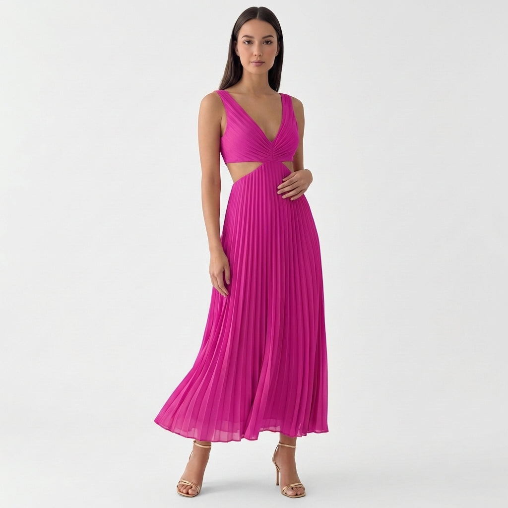 Femme Robe Maxi Plissée à Col V Sans Manches | Style Fête