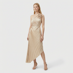 Rivaclo | Women's One-Shoulder Pleated Midi Dress – Asymmetrical Silhouette
