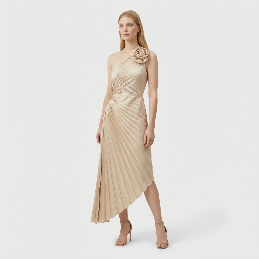 Rivaclo | Women's One-Shoulder Pleated Midi Dress – Asymmetrical Silhouette
