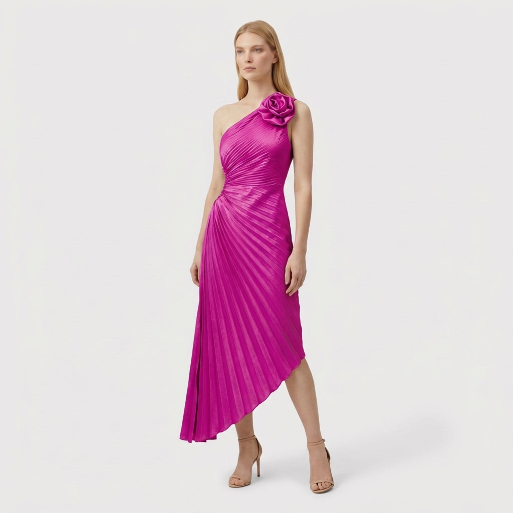 Rivaclo | Women's One-Shoulder Pleated Midi Dress – Asymmetrical Silhouette