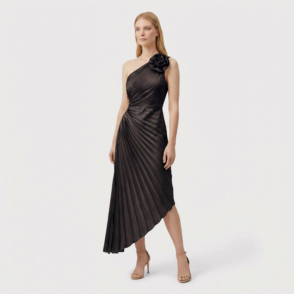 Rivaclo | Women's One-Shoulder Pleated Midi Dress – Asymmetrical Silhouette