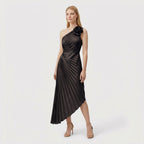 Rivaclo | Women's One-Shoulder Pleated Midi Dress – Asymmetrical Silhouette