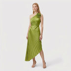 Rivaclo | Women's One-Shoulder Pleated Midi Dress – Asymmetrical Silhouette